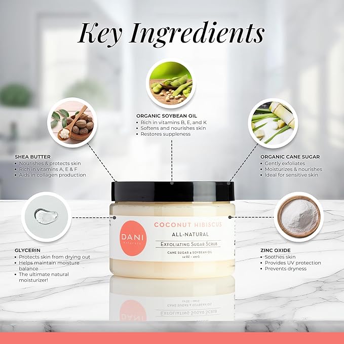 Naturals Exfoliating Sugar Scrub - Coconut Hibiscus, made with organic cane sugar and shea butter, gently exfoliates and deeply hydrates for smooth, radiant skin – 14 oz-Velvo Beauty
