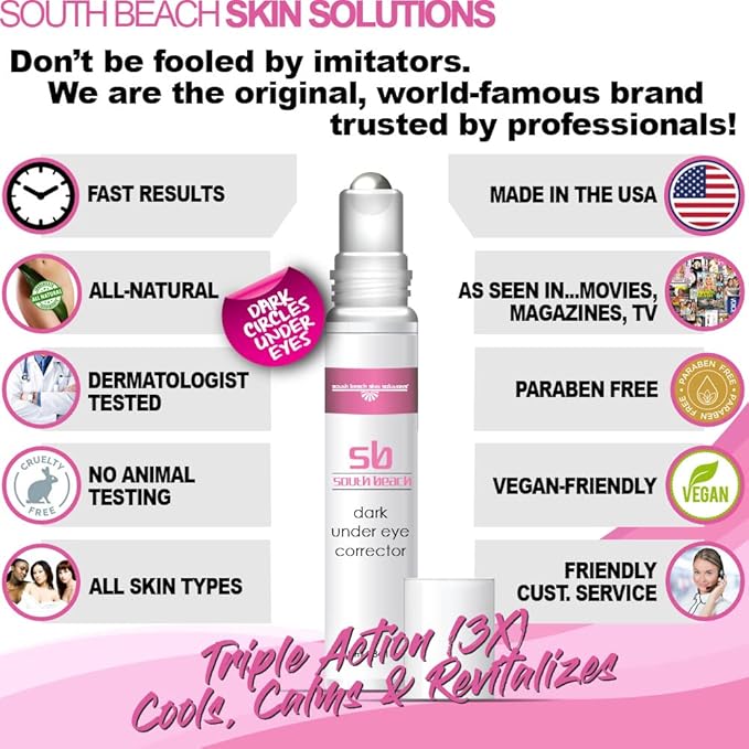 South Beach Dark Under Eye Corrector - Natural Salon Strength Anti Aging Under Eye Cream Treatment - Perfect for Tired Looking Dark Circles, Puffiness, Dark Bags, Dryness - Safe, No Harmful Chemicals-Velvo Beauty