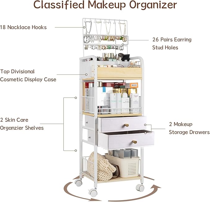 YGJT Makeup Organizer, Floor Skincare Cosmetics Organizer with Drawers, Jewelry Organizers and Storage for Earring Necklace, Vanity Organizer for Skin Care Perfume Makeup Brush Nail Polish Hair Tool-Velvo Beauty