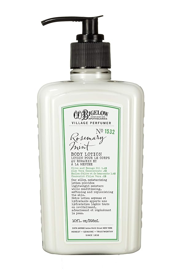 C.O. Bigelow Rosemary Mint Body Lotion, Village Perfumer Moisturizing Body Lotion with Aloe Vera, Borage Oil & Olive Oil, 10 Fl Oz-Velvo Beauty