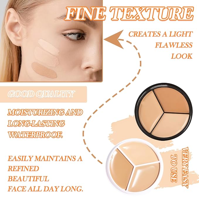 3 Colors Correcting Concealer Makeup Cream Contour Palette,Cream Makeup Palette,Contouring Foundation Highlighting Concealer Palette with Bursh,Professional Concealer Foundation Palette for Women-Velvo Beauty