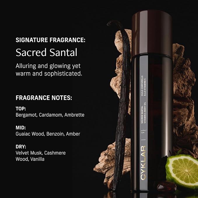 Vitamin C Body Oil for Women and Men. Moisturizing Sacred Santal Scented Body Serum for Glowing Skin. Nourishing, Hydrating After-Shower and Bath Skin Care Moisturizer, 4.2 Fl Oz-Velvo Beauty