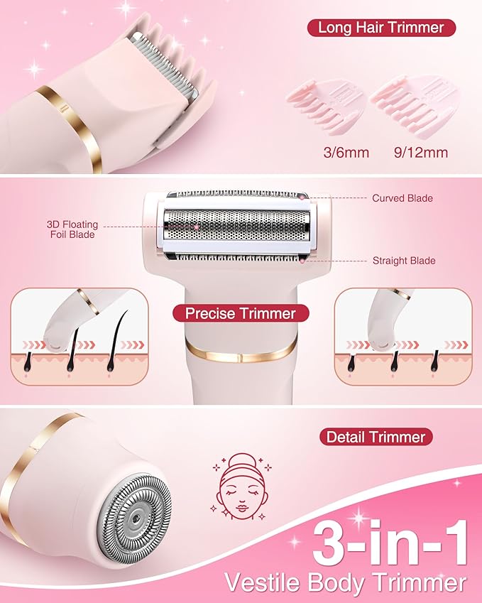 Bikini Trimmer for Women - 3-in-1 Painless Electric Razor Shaver,IPX7 Waterproof&Easy Cleaning for Pubic Hair,Face,Body with Ceramic Blades,USB Rechargeable,Wet&Dry Use(Peach)-Velvo Beauty
