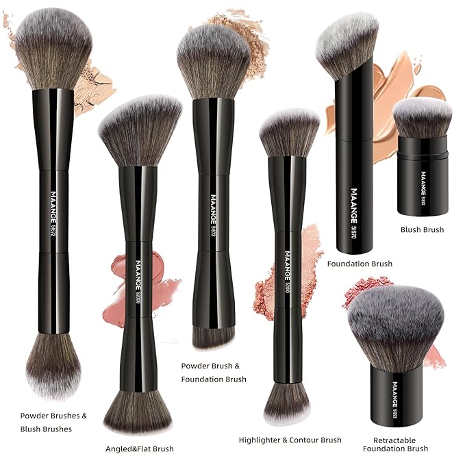 MAANGE 7pcs Makeup Brush Set Double Sided Kabuki Makeup Brushes Contour Brush for Foundation Liquid Powder Concealer Cream Cosmetics Bronzer Blending Blush Buffing Makeup Tools (Black)-Velvo Beauty