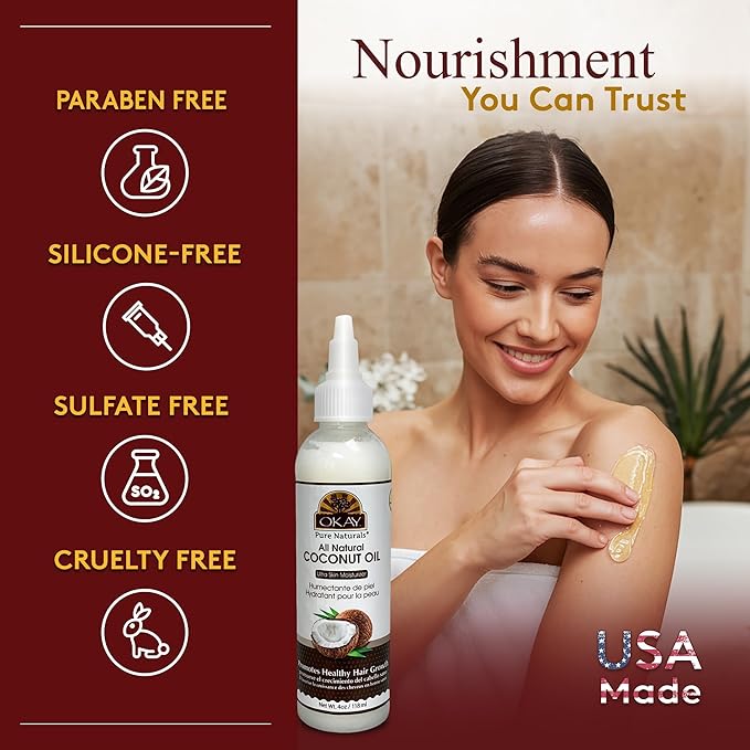 Okay 100% Pure Coconut Oil for Hair & Skin - Coconut Oil for Women & Men, Perfect for Hair & Body, for Massage & Moisturizer, Natural - 4 fl oz Squeeze Bottle (Pack of 1)-Velvo Beauty