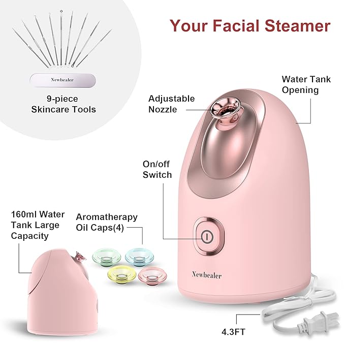 Newbealer Facial Steamer, Mini Aroma Face Steamer, Nano Ionic Hot Mist Facial Humidifier Atomizer, Home Sauna Spa Sprayer Moisturizing Cleansing Pores, 9 Pieces Acne Remover Kit (Pink-Gold, 160ml)-Velvo Beauty