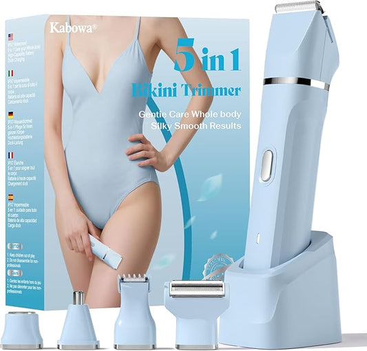 Bikini Trimmer for Women - 5 in 1 Electric Razors for Lady Pubic Facial Nose Body Leg Hair Removal, Waterproof Electric Shaver for Women Private Area Sensitive Skin, Personal Hair Trimmer-Velvo Beauty