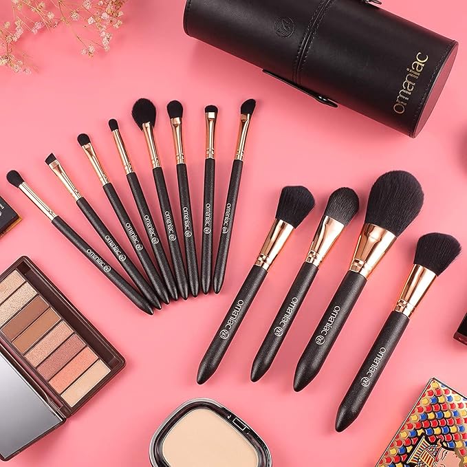 OMANIAC Makeup Brush Set Professional, 12 Pearlescent Wood Handle Makeup Brushes, Premium Cruelty-Free Synthetic Fiber Hair, Travel Make up Brushes Set with Case (Black).-Velvo Beauty