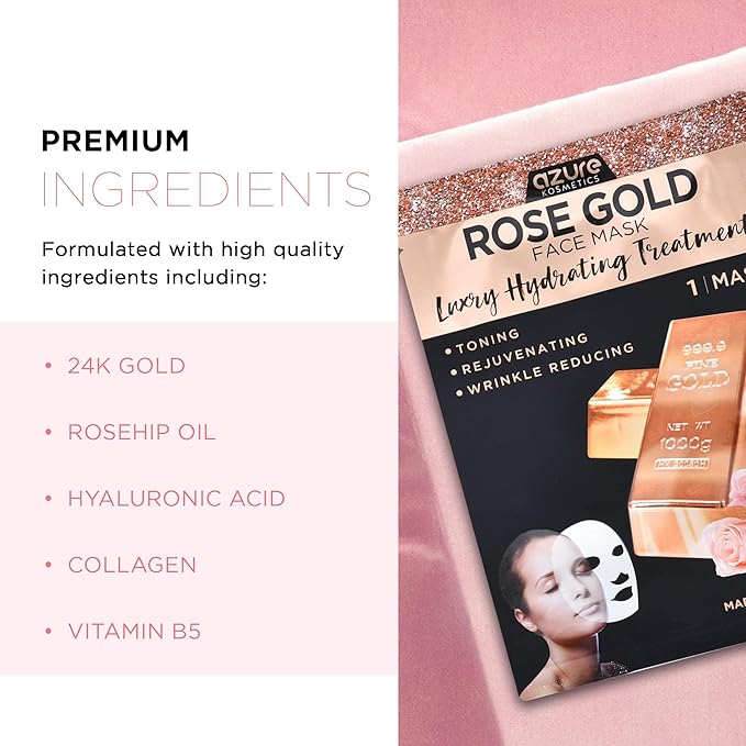 Azure Cosmetics Rose Gold Luxury Hydrating Facial Sheet Mask - Firming, Lifting & Deeply Moisturizing - Helps Reduce Fine Lines & Wrinkles, Signs of Aging & Dry Patches - Made in Korea - Pack of 5-Velvo Beauty