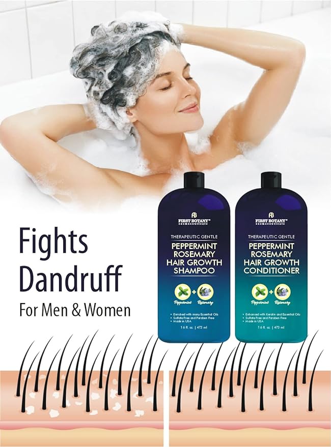 First Botany, Peppermint Rosemary Hair Regrowth and Anti Hair Loss Shampoo and Conditioner Set - Daily Hydrating, Detoxifying, Volumizing Shampoo and Fights Dandruff For Men and Women 16 fl oz x 2-Velvo Beauty