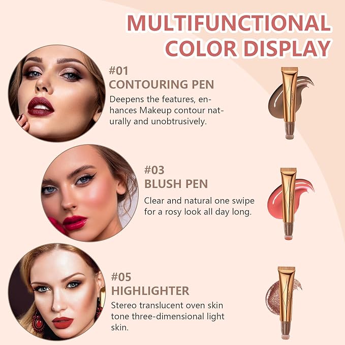 Liquid Contour Beauty Wand Set,Blush Liquid Contour Stick Highlighter Makeup With Cushion Applicator,Long Lasting Smooth Natural Matte Finish,Lightweight Blendable Super Silky Cream Sticks (01#03#05)-Velvo Beauty