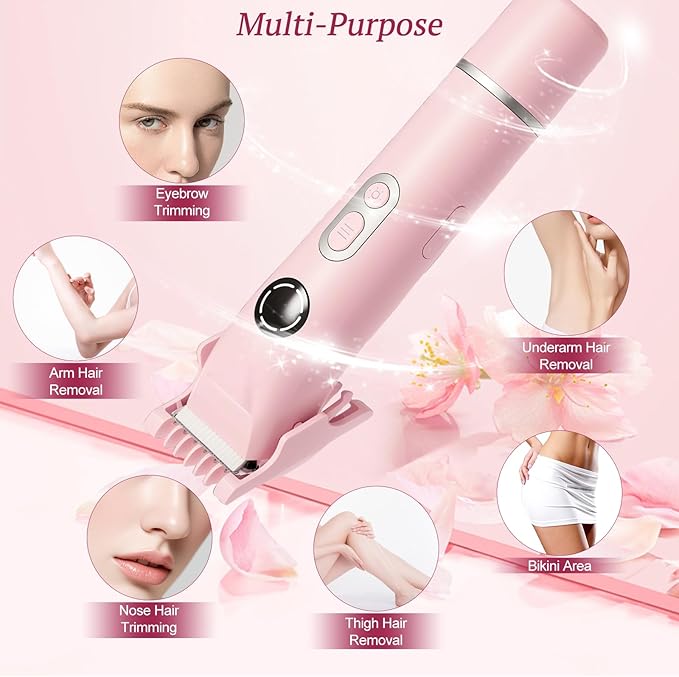 Bikini Trimmer for Women, 4 in 1 Wet/Dry Electric Razors for Women - Dual Head, Painless Rechargeable Portable Womens Razors for Shaving Set for Face, Nose, Eyebrows, Armpits, Bikini Area (Pink)-Velvo Beauty