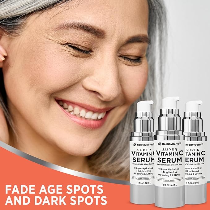 Super Vitamin C Serum for Women Over 70: Niacinamide, Vitamin C, Hyaluronic Acid, Peptides, Vitamin E, Caffeine, Bakuchiol, Hydrating, Lifting, Wrinkle & Age Spots Reduction Pack of 3-Velvo Beauty