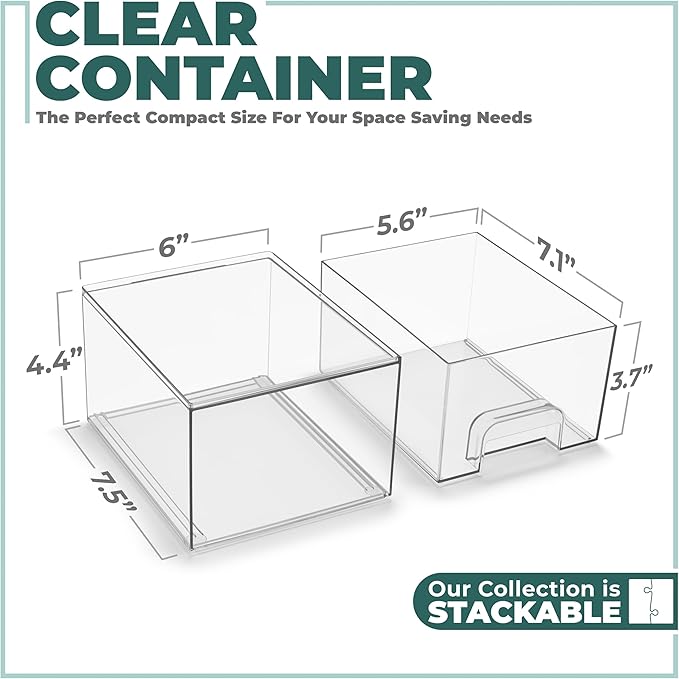 Sorbus Acrylic Storage Containers - 4 Pack, Stackable Storage Bins Set for Bathroom Organization - Clear Acrylic Drawer Organizers - Makeup Case Pull-Out Drawers (4.4’’ Tall)-Velvo Beauty