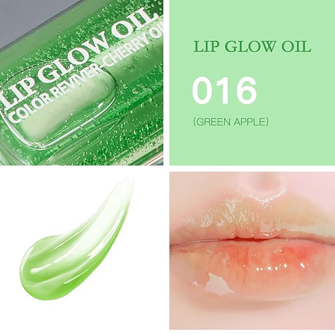 Hydrating Lip Glow Oil, Lip Oil Gloss Transparent Toot Tinted Nourishing Long Lasting Repairing Lightening Lip Lines (GREEN APPLE) 0.2 OZ-Velvo Beauty
