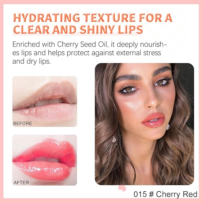 Hydrating Lip Glow Oil, Plumping Watery Lip Gloss, Refreshing Moisturizing Lip Oil Tinted Lip Balm, Lasting Nourishing Revitalizing Lip Tint Lip Care (15# Cherry Red)-Velvo Beauty