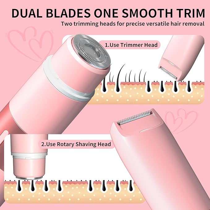 Bikini Trimmer for Women - 2 in 1 Painless Electric Razors for Women, IPX7 Waterproof Rechargeable LED Dual Head Electric Shaver for Lady Bikini Underarm, Body, Leg, Face Hair Remove - Pink-Velvo Beauty