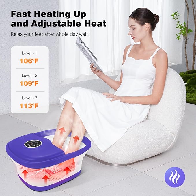 Collapsible Foot Spa with Heat, Remote Control, Temperature Control, Bubbles, Pumice Stone, Red Light, Timer, 16 Massage Roller Pedicure Foot Bath Tub Foot Soaker for Feet Stress Relief, Purple-Velvo Beauty