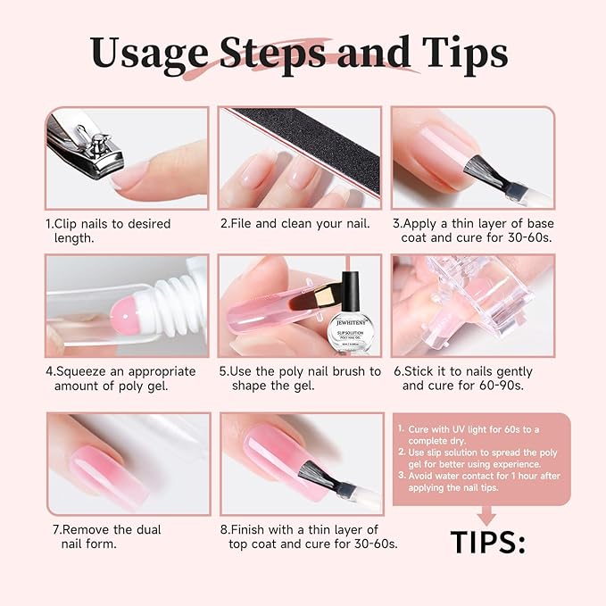 JEWHITENY Poly Extension Gel Nail Set Clear Pink Poly Nail Gel With Slip Solution Base Coat Top Coat French Manicure Need U V Lamp Curing for Finger Art and Home DIY-Velvo Beauty