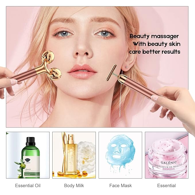 2-IN-1 Beauty Bar 24k Golden Pulse Facial Face Massager, Electric 3D Roller and T Shape Arm Eye Nose Head Massager Facial Roller Massager Kit Skin Care Tools-Velvo Beauty