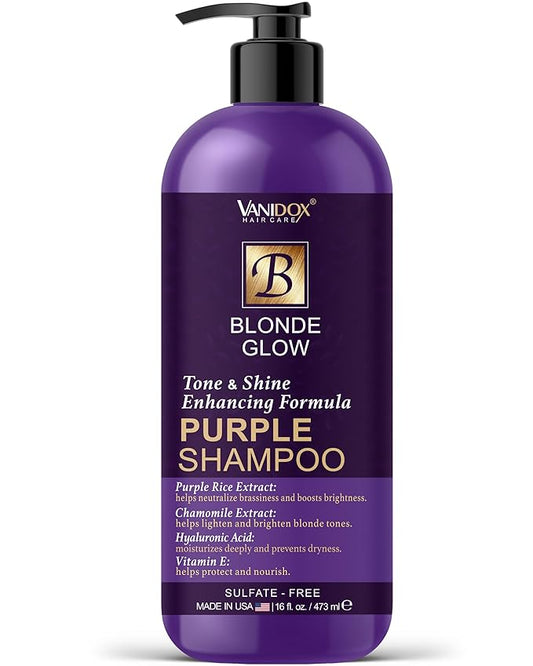 Sulfate Free Brass Toning Purple Shampoo for Blondes, Brown Highlighted, or Bleached Hair, Infused with Purple Rice Extract, Hyaluronic Acid, Vitamin E, and Chamomile Extract (16 fl oz)-Velvo Beauty
