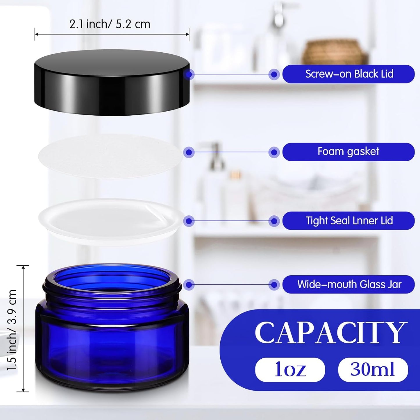 Domensi 100 Pcs 1 oz Glass Jars with Lids Bulk Round Glass Cosmetic Jars Lids 1 oz Small Travel Containers with Inner Liner for Lotions Powders Ointments Sample Cream(Cobalt Blue, Black)-Velvo Beauty