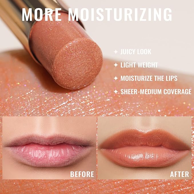 Oulac Moisture Peach Nude Lipstick - 2 in 1 Shimmer Lipstick & Lip Balm, Shimmer Soild Lip Gloss, Lightweight Smooth, Natural Look Best for Dry, Cracked and Chapped Lips, Vegan 2.2g/0.07oz (S05)-Velvo Beauty