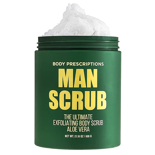 Body Prescriptions Men’s Exfoliating Body Scrub – Ultimate Skin Cleansing Wash in Jar with Twist-Top Lid, For All Skin Types, 21 Ounce (Pack of 1), Aloe Vera-Velvo Beauty