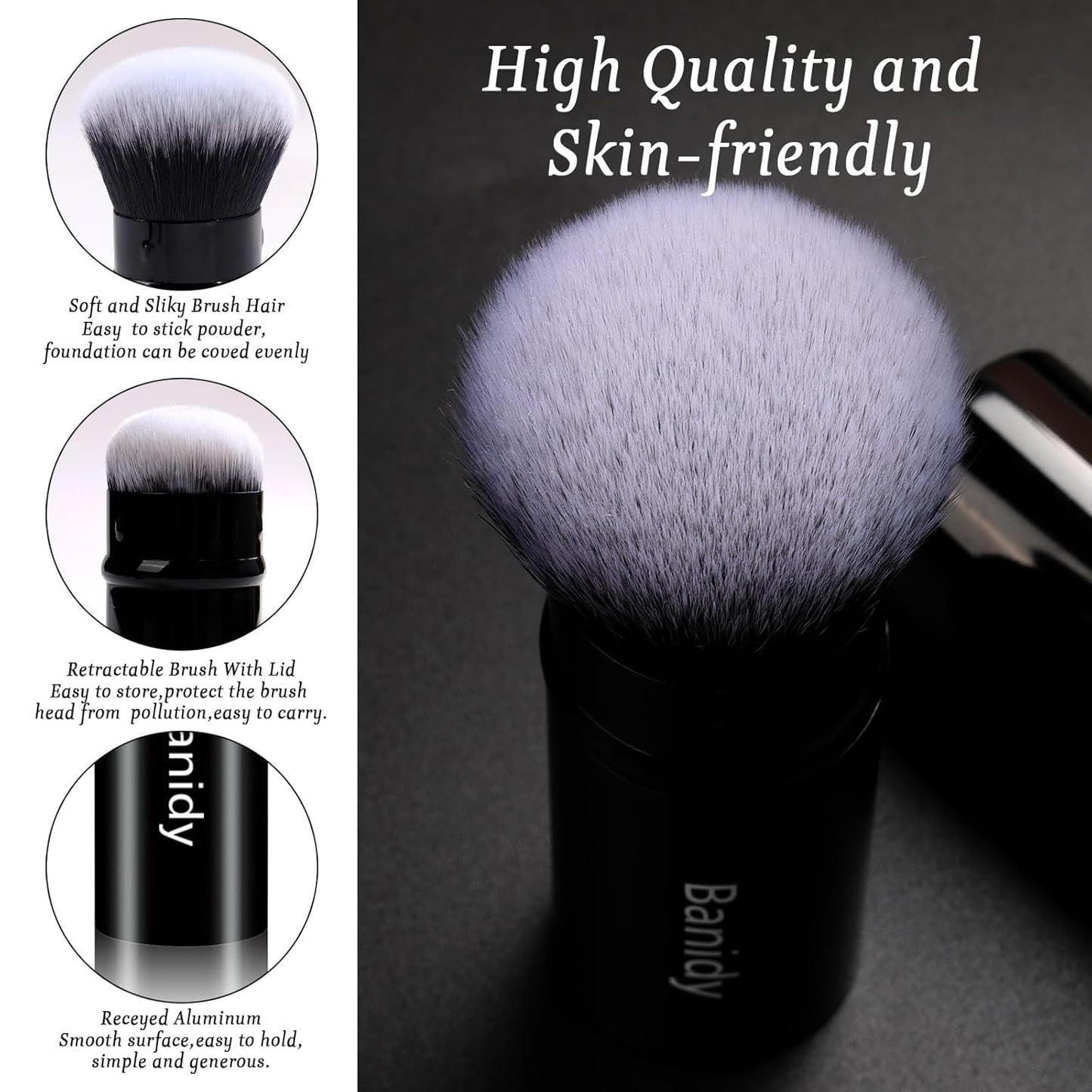 Makeup Brush Kabuki Face Brushes Retractable Travel Blush Brush Portable Flawless for Foundation, Powder Blush, Bronzer, Buffing, Liquid, Cream, Cruelty Free with Cover(Round-Head)-Velvo Beauty