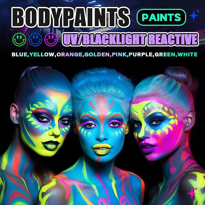 Go Ho Neon Yellow Body Paint Washable(2.37oz,70ml),under UV Blacklight Neon Face Paint,Water Based Neon Fluorescent Yellow Face Paint for Adults Children SFX Cosplay Costumes Halloween Makeup-Velvo Beauty