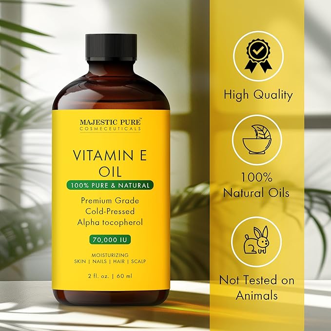 Majestic Pure Vitamin E Oil - 100% Pure & Natural, 70,000 IU | Premium Grade, Cold-Pressed and Tocopherol to Repair Dry, Damaged Skin | Moisturizing Skin, Hair and Scalp 2 Fl Oz-Velvo Beauty