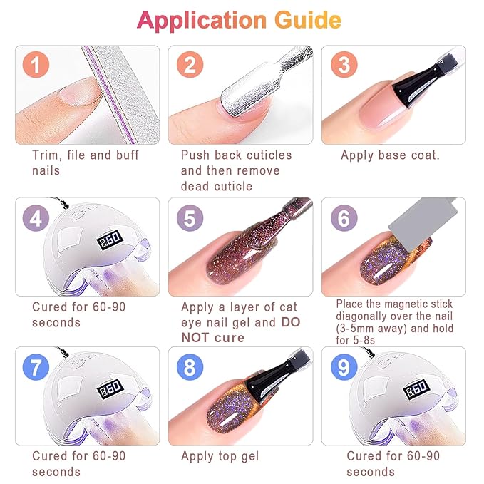 RARJSM 9D Chameleon Glass Cat Eye Gel Nail Polish Set 6Pcs Pink Purple Blue Green Yellow Multi Color Cateye Galaxy Shimmer Gradient Effect with Magnetic Stick UV LED Curing Require Home Salon-Velvo Beauty