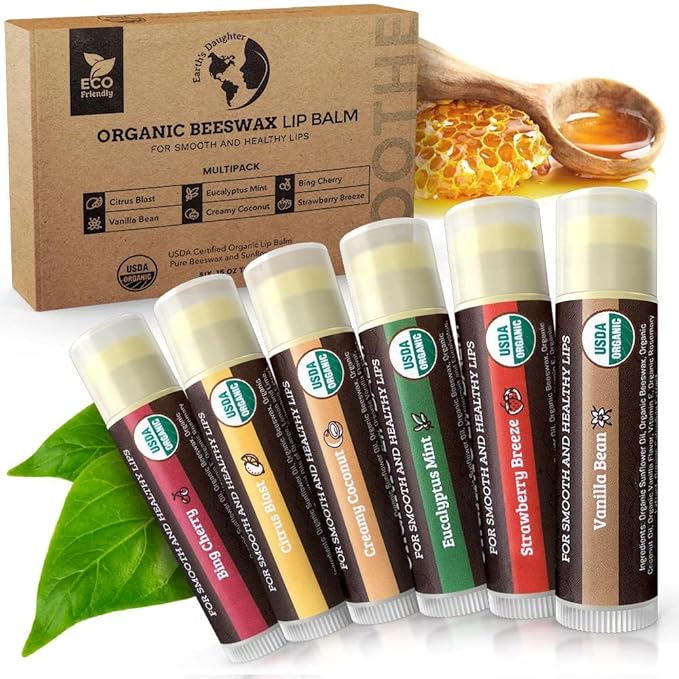 USDA Organic Lip Balm 6-Pack by Earth's Daughter - Fruit Flavors, Beeswax, Coconut Oil, Vitamin E - Best Lip Repair Chapstick for Dry Cracked Lips - Moisturizing Lip Care-Velvo Beauty