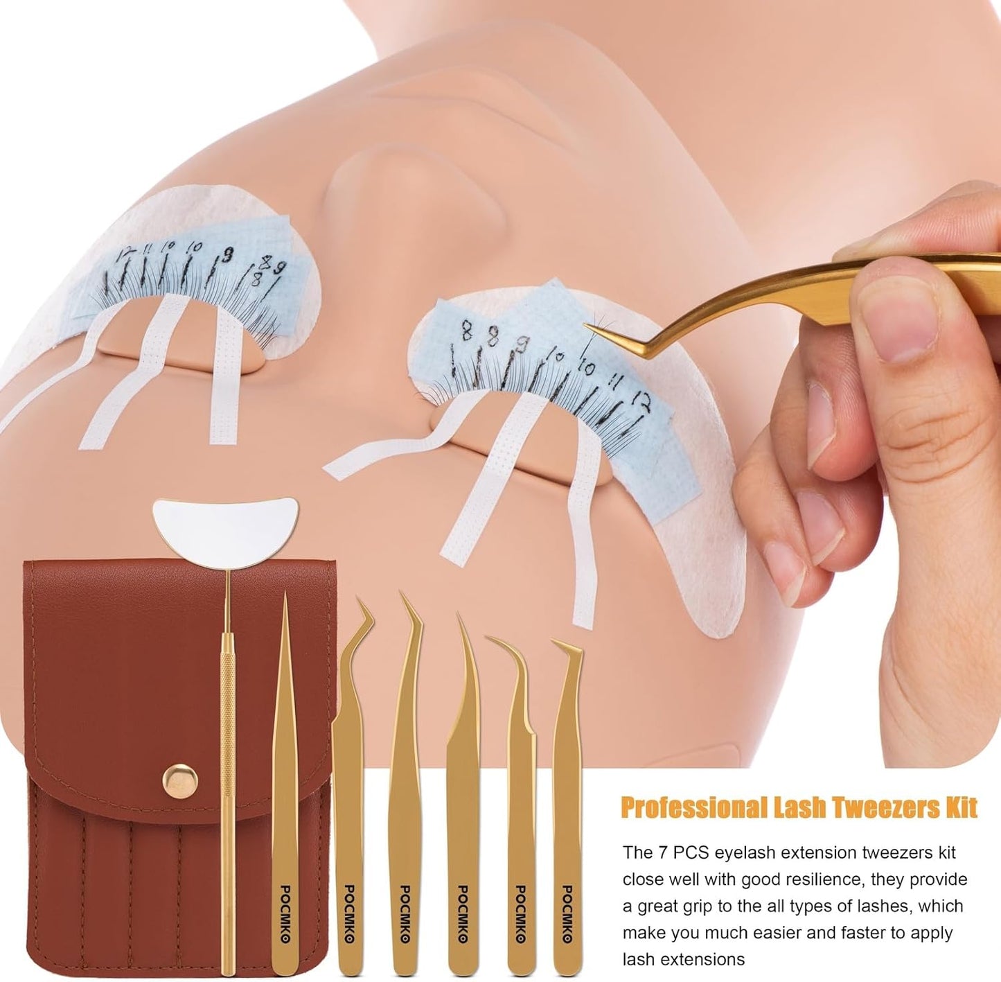 Lash Tweezers for Eyelash Extensions, Professional Eyelash Tweezer Set, Lash Extension Tweezer Kit (Set of 7, Gold)-Velvo Beauty