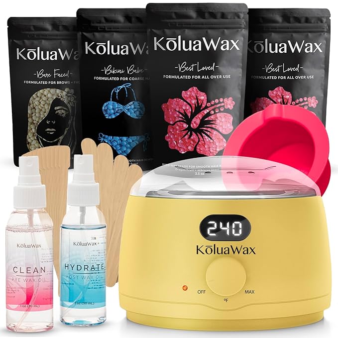 KoluaWax Premium Waxing Kit for Women - Hot Melt Hard Wax Warmer for Hair Removal, Eyebrow, Bikini, Legs, Face, Brazilian Wax - Machine, 4-Pack Beads, Accessories, Sun-Velvo Beauty
