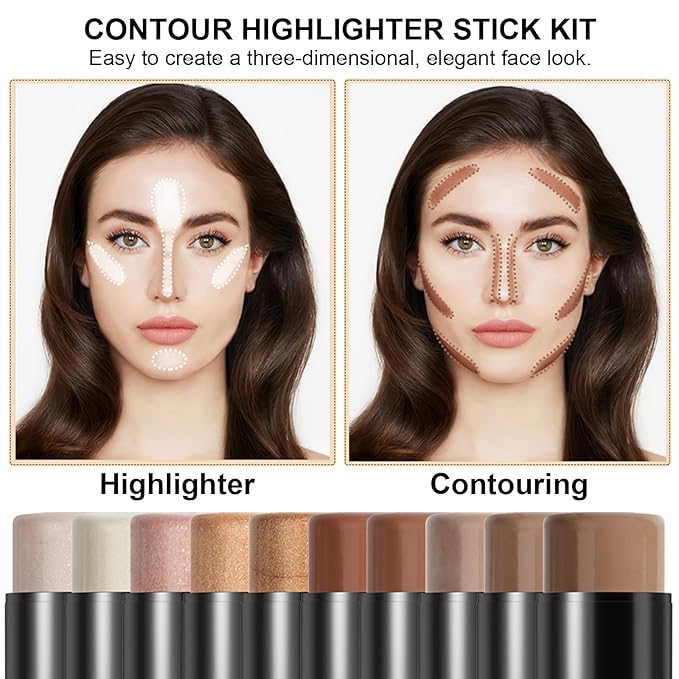 2Pcs Cream Contour Stick Makeup Kit, Cream Highlighter Stick and Bronzer Contour Stick with Longwear Waterproof Formula for Brightening and Trimming the Cheeks, Makeup Brush Include (#03, 09)-Velvo Beauty