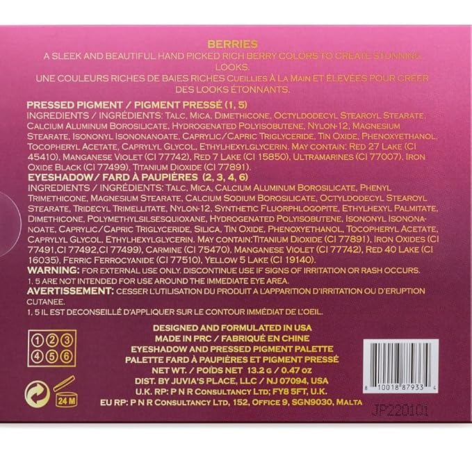 Juvia's Place Palette The Berries - Mauves, Deep Pinks, & Perfect Berry Hues, Professional Eye Makeup, Pigmented Palette for Eye Color & Shine, Pressed, Shades of 6-Velvo Beauty