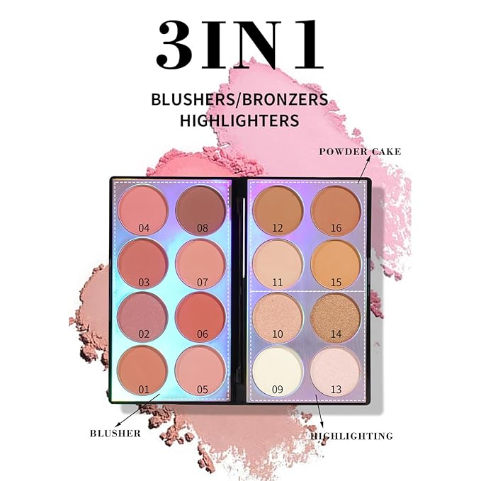 16 Colors Blush Contour Highlighter Makeup Palette with Brush, Shimmer Matte Mineral Face Blush Powder for Cheek, All in One Face Sculpting Bronzer Blusher Illuminator Concealer Palette-Velvo Beauty