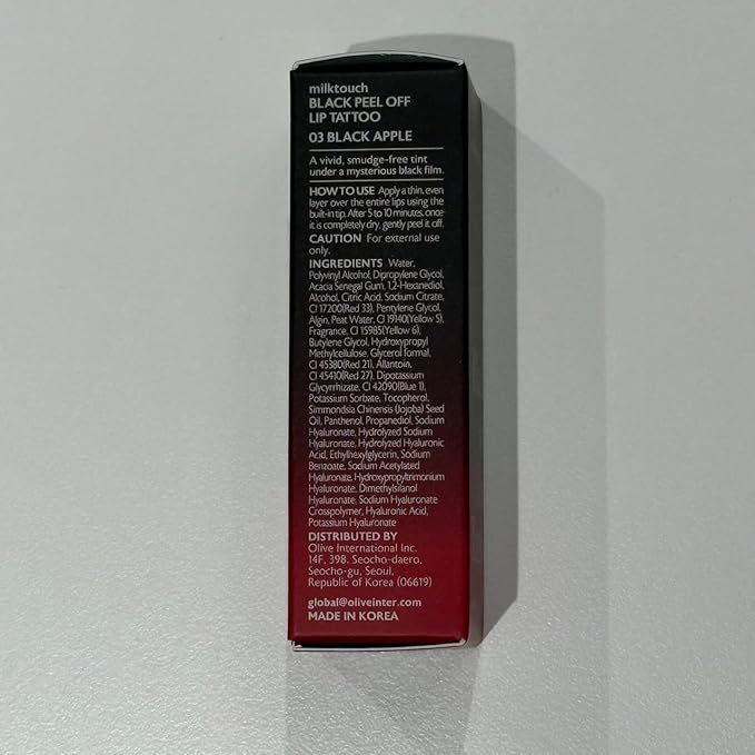 MILKTOUCH Black Peel Off Lip Tattoo - Long-Lasting Matte Lip, Waterproof & Transfer-Proof, Highly Pigmented, Stay-On-All-Day Lip Tint Stain (4.5g) #03 Black Apple-Velvo Beauty