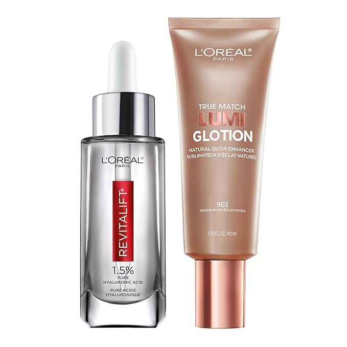 L'Oreal Paris Revitalift 1.5% Pure Hyaluronic Acid Face Serum 1.0 oz + True Match Lumi Glotion Natural Glow Enhancer Lotion, Medium 1.35 fl. oz, 1 kit-Velvo Beauty