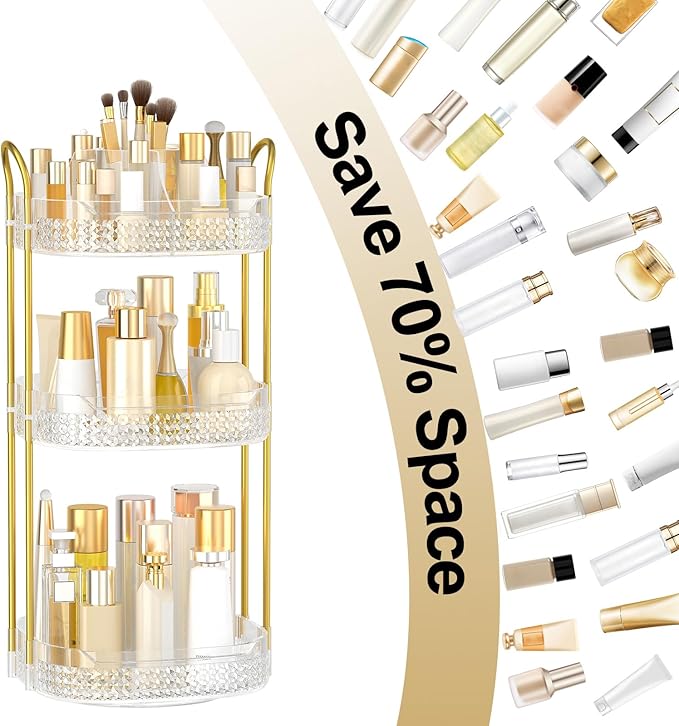Rotating Makeup Organizer for Vanity 3 Tier, Perfume Organizer with Makeup Brush Holder, Large Capacity Cosmetics Clear Skincare Organizer for Countertop (Transparent)-Velvo Beauty