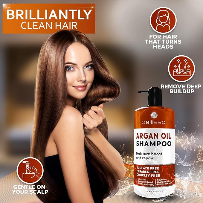 Argan Oil Shampoo - Sulfate Free with No Parabens - Moroccan Botanicals for Women and Men - Professional Moisturizing, Anti Frizz, Hydrating Solution for Dry, Wavy, Curly and Color Treated Hair-Velvo Beauty