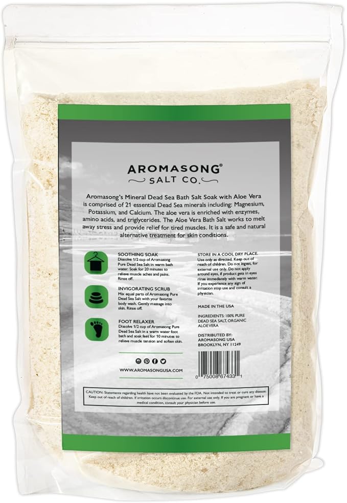 Aromasong 5 lbs Raw Dead Sea Salt with Organic Aloe Vera, not Cleaned, Still Contains All Dead sea Minerals Including Dead sea Mud, Fine Medium Grain Large resealable Bulk Pack (Packaging May Vary)-Velvo Beauty