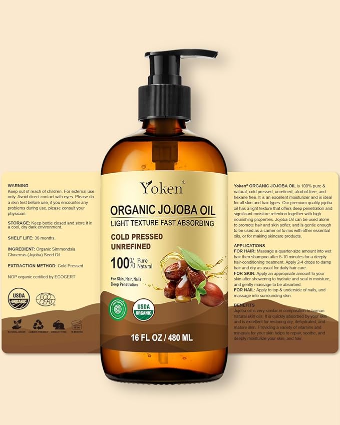 Yoken Organic Jojoba Oil Glass Bottle 16 fl oz, USDA Certified 100% Pure & Natural Jojoba Oil for Hair, Skin & Face, Cold Pressed Unrefined Hexane Free, Deeply Moisturizing Body Serum for Gua Sha-Velvo Beauty