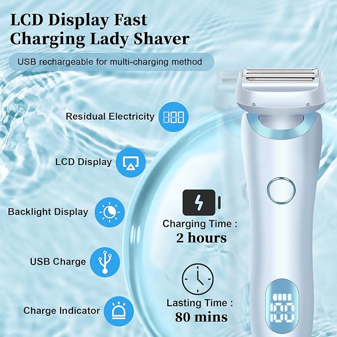 Electric Shaver Razors for Women 2-IN-1 Electric Razor for Womens Legs Underarm Face Pubic Hairs,Wet Dry Use Rechargeable Bikini Trimmer Hair Removal with Detachable Head,Painless IPX7 Waterproof Blue-Velvo Beauty