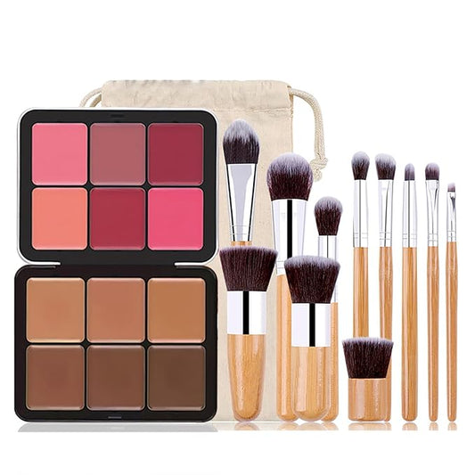 Makeup Blush Palette + Cream Contour Palette Kit, with 11 Pcs Complete Makeup Brushes, Contouring Concealer Palette for Medium Dark Skin to Conceals Dark Circles, Redness, Acne, Blemish-Velvo Beauty