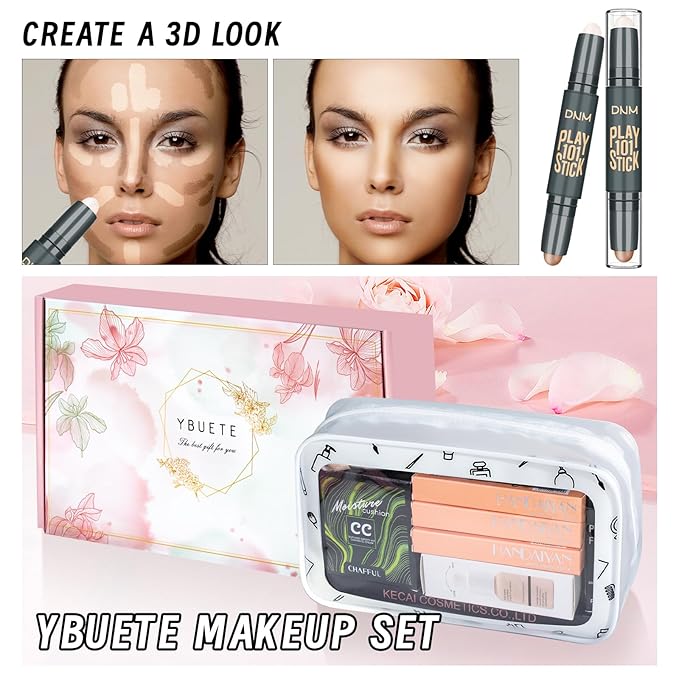 Makeup Kit Set for Women, Makeup Present for Women Teen Girl, Eyeshadow Foundation CC Cream Face Primer, Makeup Brush Sponge, Lipstick, Eyebrow Soap Pencil Mascara Eyeliner Cosmetic bag-Velvo Beauty