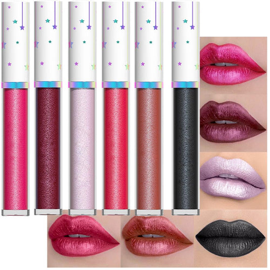 evpct 6Pcs Rose Pink Dark Wine Mauve Sexy Red Black Lilac Metallic Shimmer Glitter Lip Gloss Liquid Lipstick Set for Women Long Lasting Waterproof 24, Pearlescent Sparkly Glossy Lipsticks Lip Makeup-Velvo Beauty
