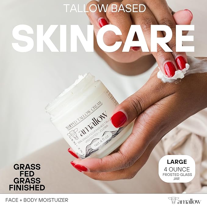 Amallow 100% Grass Fed Beef Tallow for Skin Care - Face + Body - Whipped Moisturizer for Sensitive Skin - Natural Lotion, 4 FL. oz. (Unscented + Jojoba Oil)-Velvo Beauty