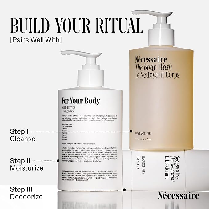 Nécessaire The Body Lotion with Pump. Fragrance-Free. Multi-Peptide Firming Lotion to Moisturize, Firm, Strengthen. 2.5% Niacinamide, Vitamin C/E + Omega 6/9. 450ml / 15.2 fl oz-Velvo Beauty